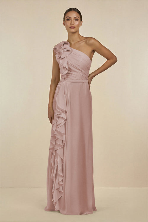 Ruffled One - Shoulder Pleated Sheath Bridesmaid Dress in Toffee - KissProm Bridesmaid Dresses