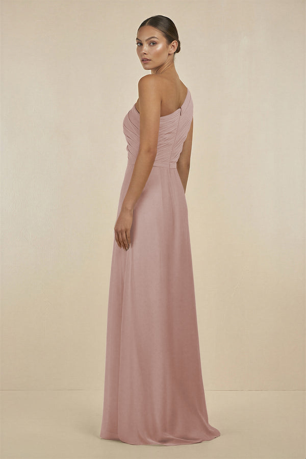 Ruffled One - Shoulder Pleated Sheath Bridesmaid Dress in Toffee - KissProm Bridesmaid Dresses