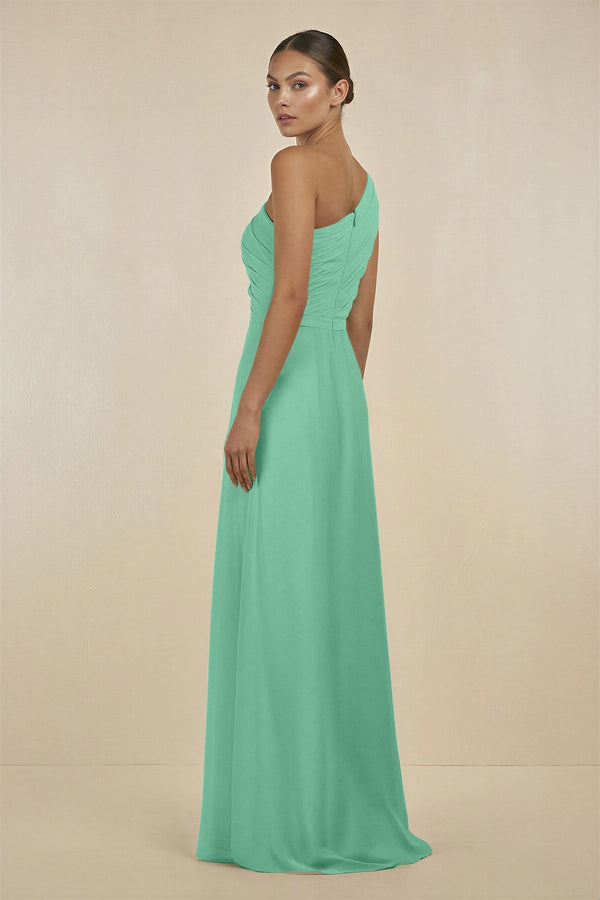 Ruffled One - Shoulder Pleated Sheath Bridesmaid Dress in Turquoise - KissProm Bridesmaid Dresses