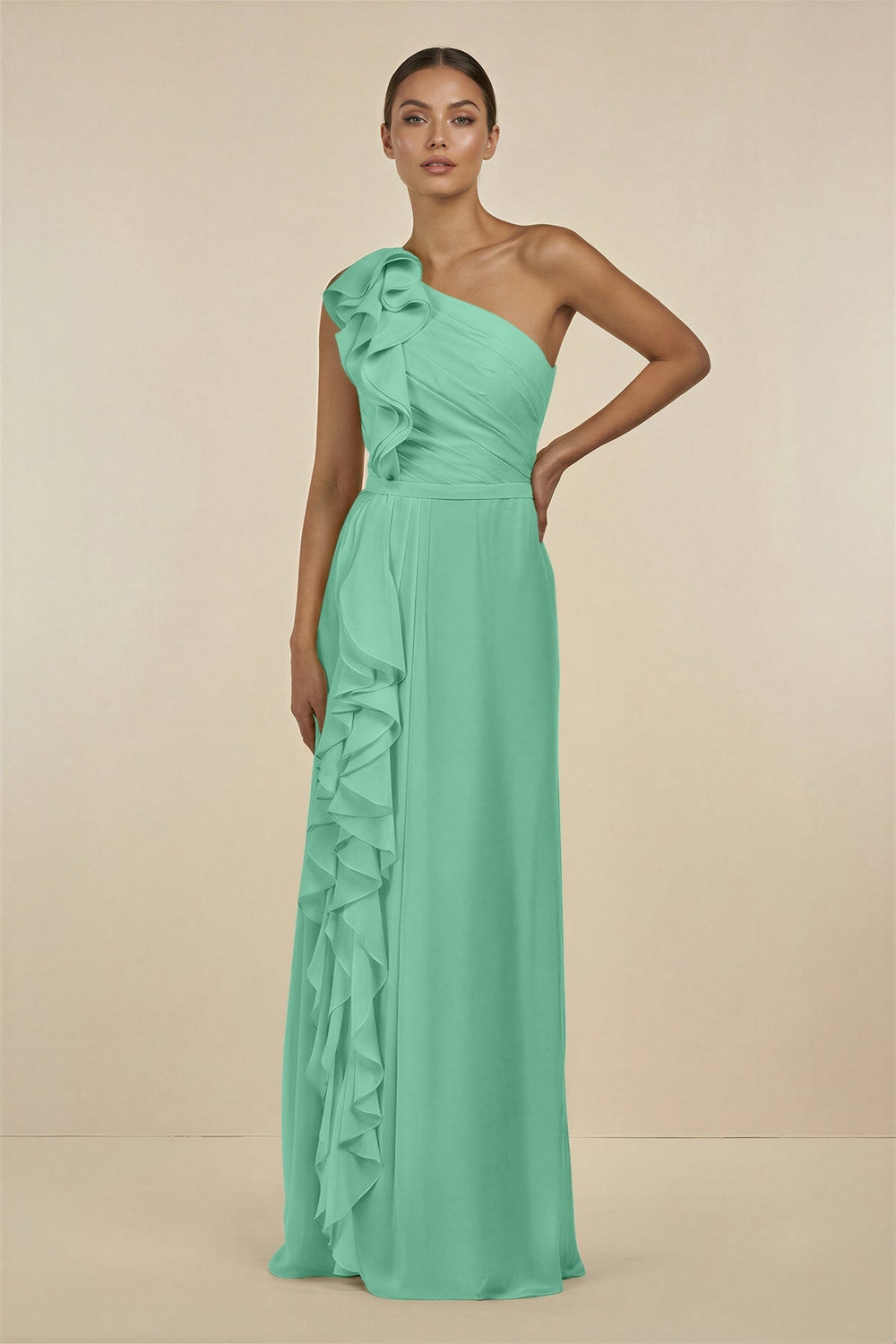 Ruffled One - Shoulder Pleated Sheath Bridesmaid Dress in Turquoise - KissProm Bridesmaid Dresses