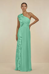 Ruffled One - Shoulder Pleated Sheath Bridesmaid Dress in Turquoise - KissProm Bridesmaid Dresses