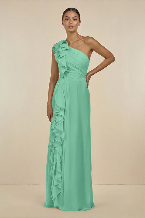 Ruffled One - Shoulder Pleated Sheath Bridesmaid Dress in Turquoise - KissProm Bridesmaid Dresses