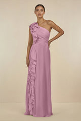 Ruffled One - Shoulder Pleated Sheath Bridesmaid Dress in Vintage Mauve - KissProm Bridesmaid Dresses