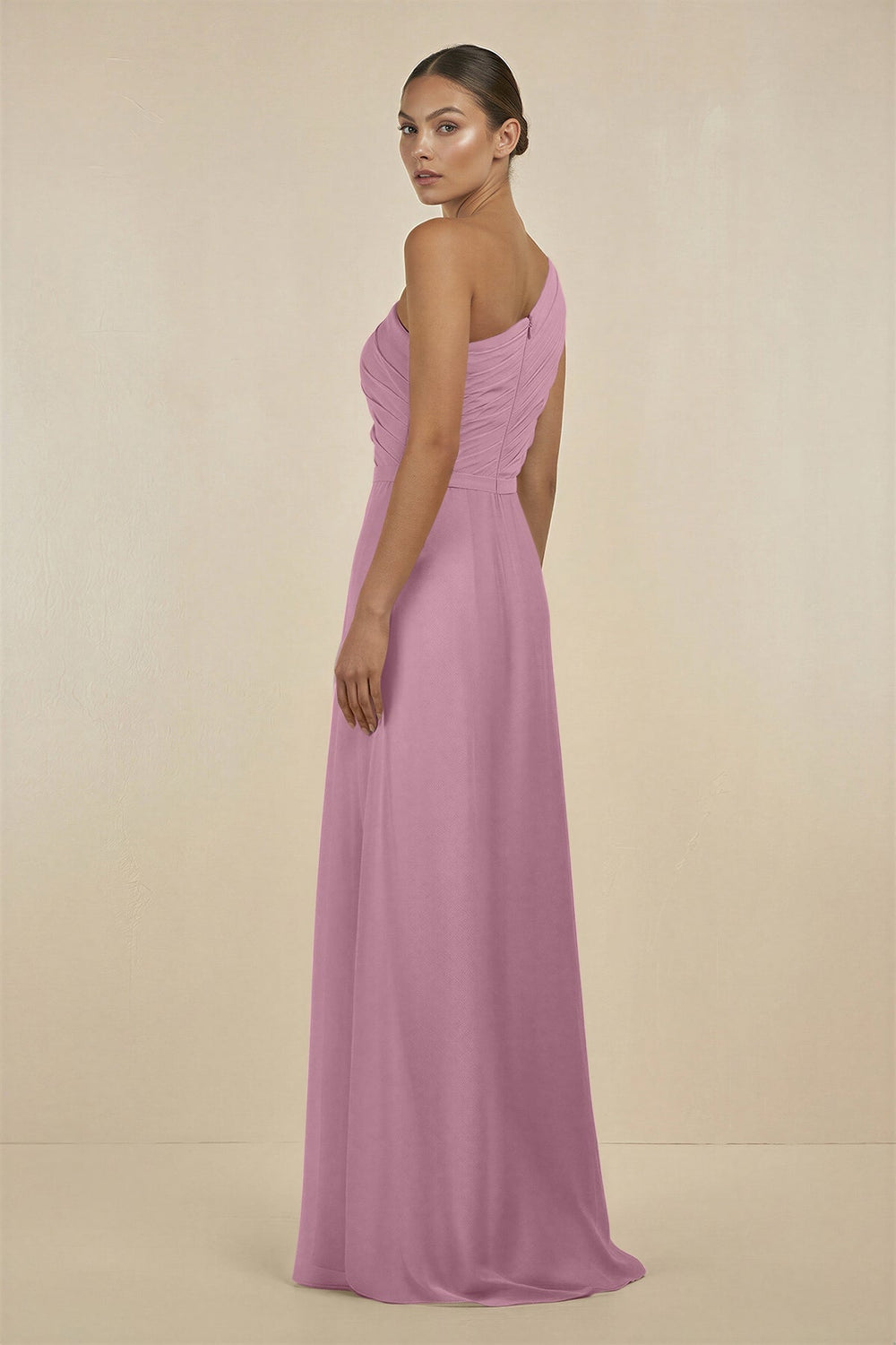Ruffled One - Shoulder Pleated Sheath Bridesmaid Dress in Vintage Mauve - KissProm Bridesmaid Dresses