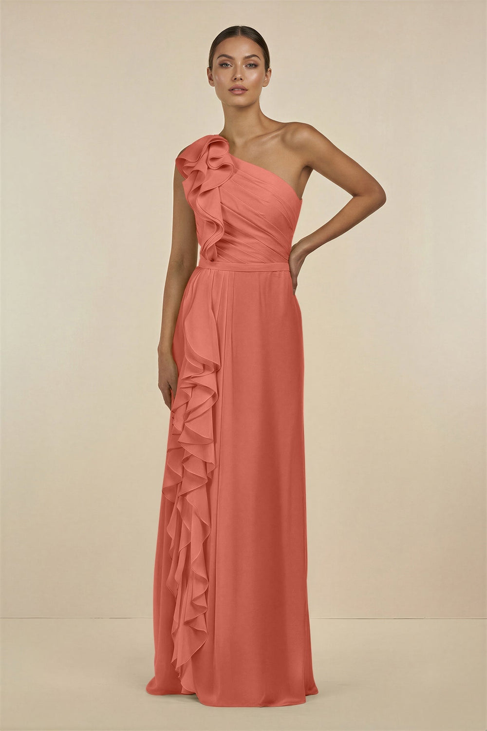 Ruffled One - Shoulder Pleated Sheath Bridesmaid Dress in Wild Rose - KissProm Bridesmaid Dresses