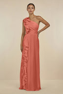 Ruffled One - Shoulder Pleated Sheath Bridesmaid Dress in Wild Rose - KissProm Bridesmaid Dresses