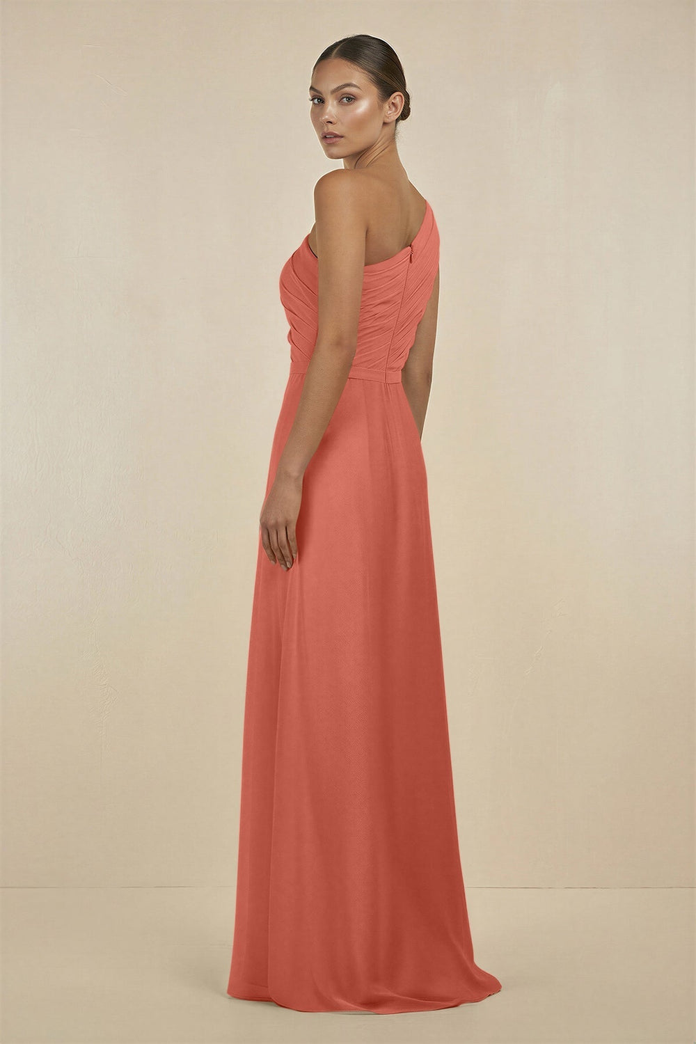 Ruffled One - Shoulder Pleated Sheath Bridesmaid Dress in Wild Rose - KissProm Bridesmaid Dresses