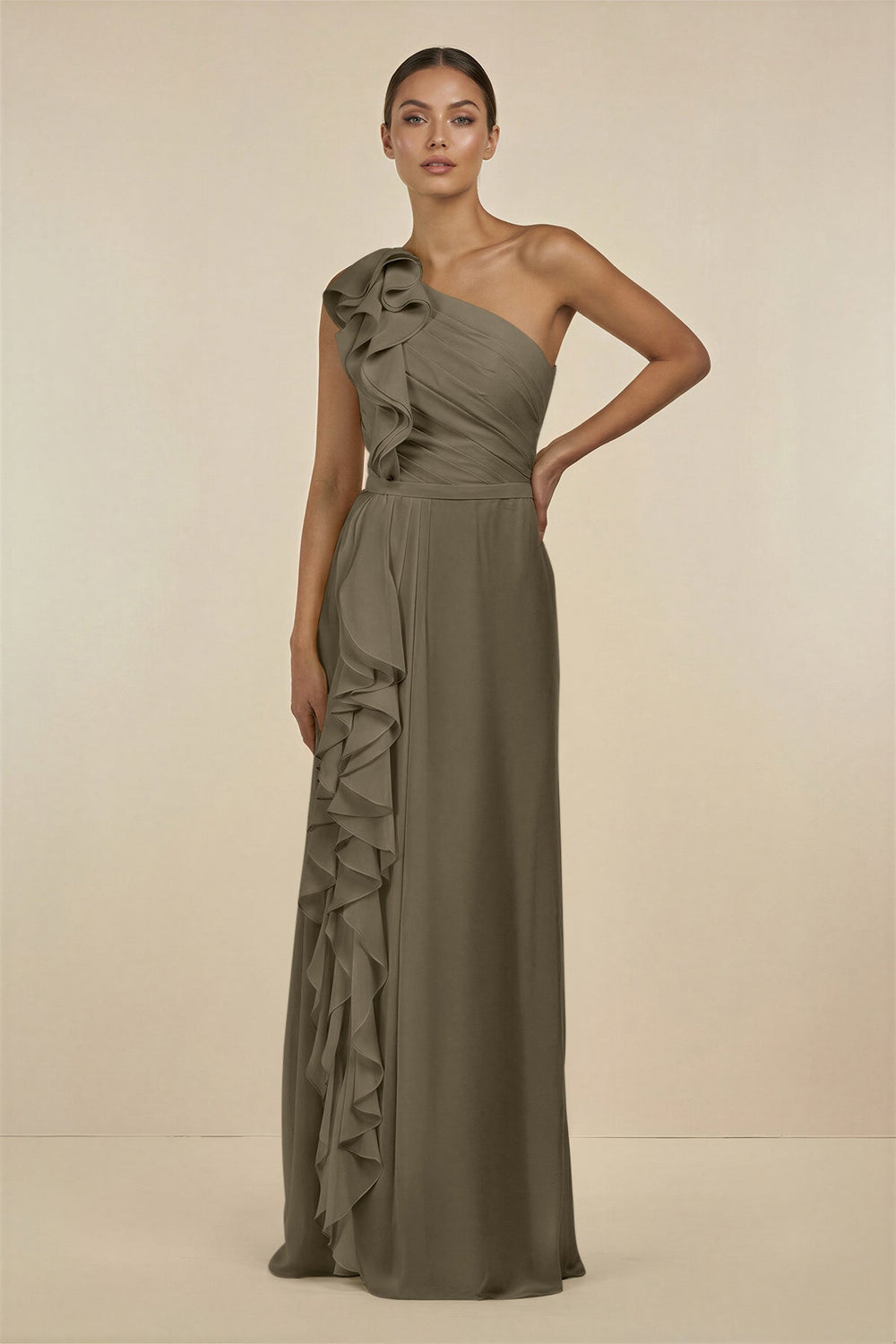 Ruffled One - Shoulder Pleated Sheath Bridesmaid Dress in Willow Green - KissProm Bridesmaid Dresses