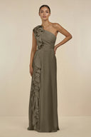 Ruffled One - Shoulder Pleated Sheath Bridesmaid Dress in Willow Green - KissProm Bridesmaid Dresses