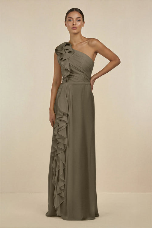 Ruffled One - Shoulder Pleated Sheath Bridesmaid Dress in Willow Green - KissProm Bridesmaid Dresses
