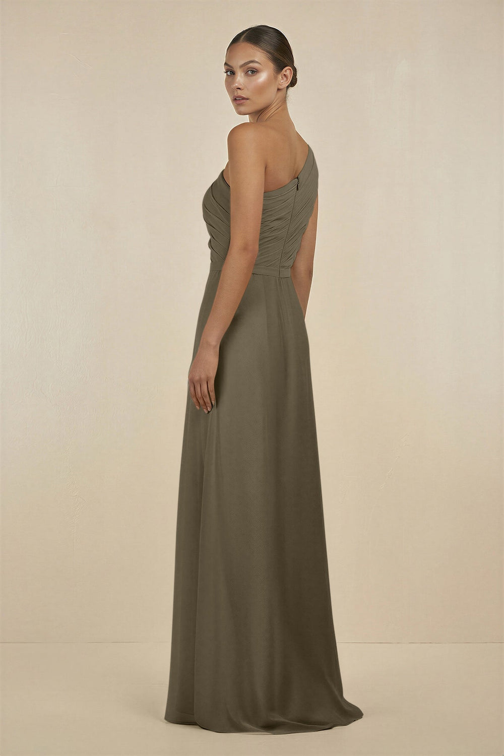 Ruffled One - Shoulder Pleated Sheath Bridesmaid Dress in Willow Green - KissProm Bridesmaid Dresses
