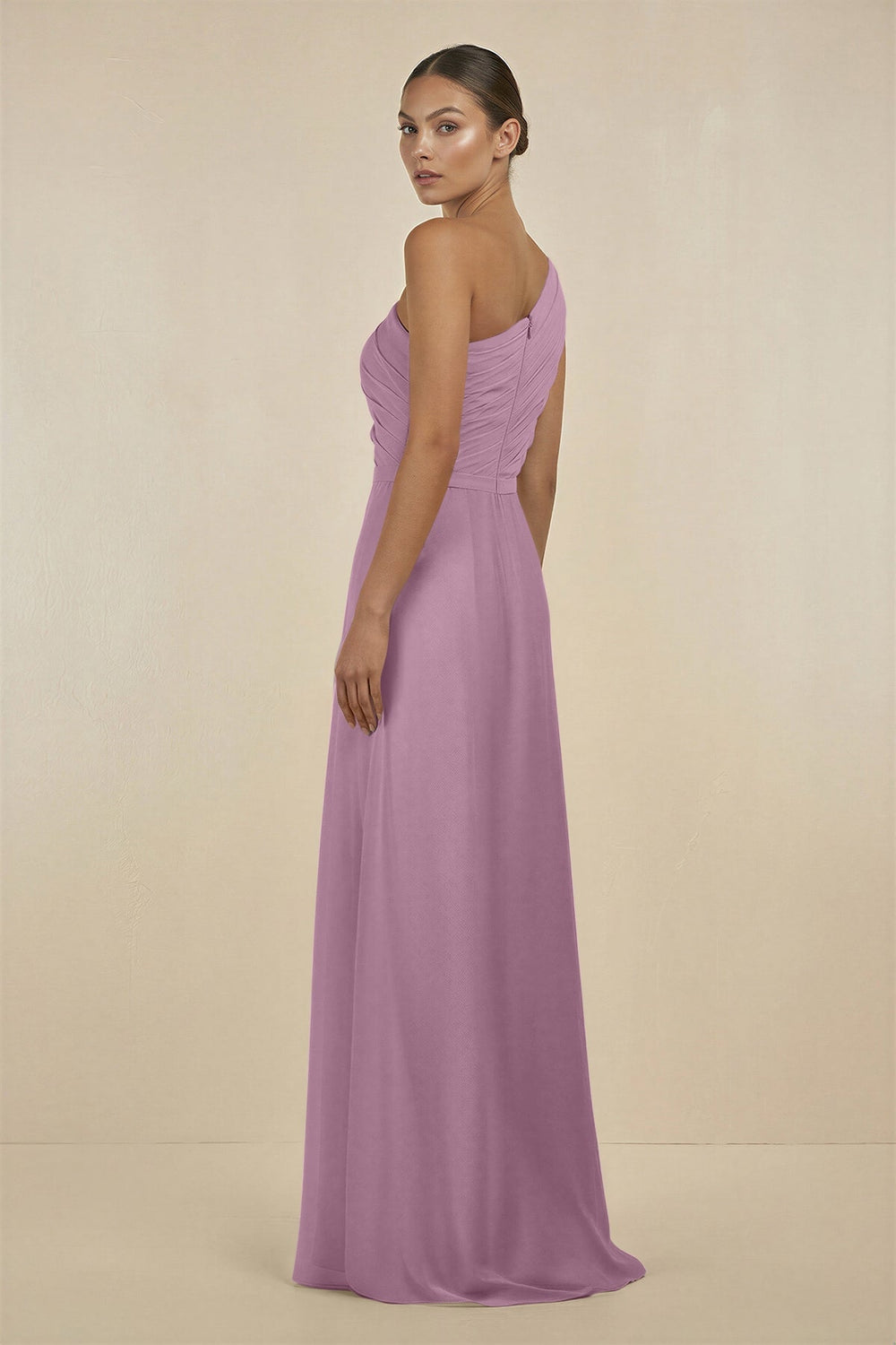 Ruffled One - Shoulder Pleated Sheath Bridesmaid Dress in Wisteria - KissProm Bridesmaid Dresses