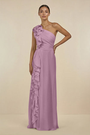 Ruffled One - Shoulder Pleated Sheath Bridesmaid Dress in Wisteria - KissProm Bridesmaid Dresses