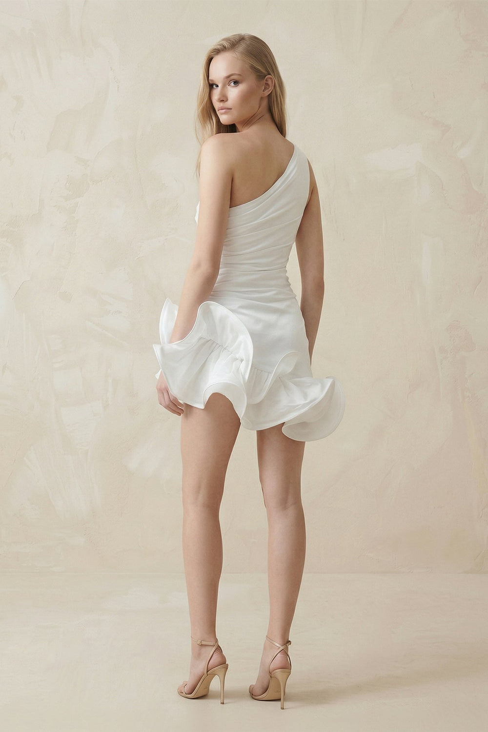 Ruffled One - Shoulder Satin Mini Wedding Dress in White - KissProm Wedding Dresses