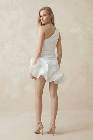 Ruffled One - Shoulder Satin Mini Wedding Dress in White - KissProm Wedding Dresses