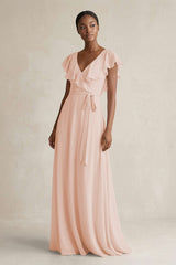 A-Line V-Neck Ruffled Sleeve Chiffon Bridesmaid Dress in Pale Blush - KissProm BRIDESMAID DRESSES