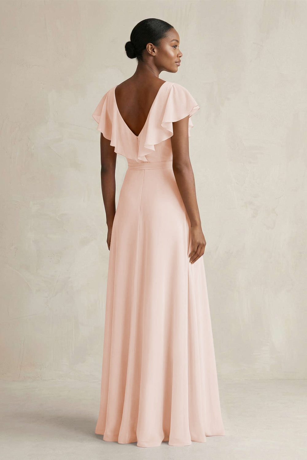 A-Line V-Neck Ruffled Sleeve Chiffon Bridesmaid Dress in Pale Blush - KissProm BRIDESMAID DRESSES