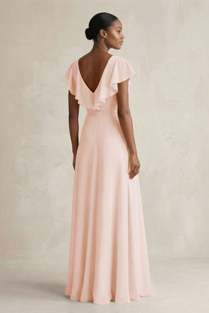 A-Line V-Neck Ruffled Sleeve Chiffon Bridesmaid Dress in Pale Blush - KissProm BRIDESMAID DRESSES