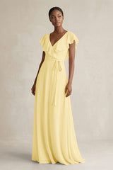 A-Line V-Neck Ruffled Sleeve Chiffon Bridesmaid Dress in Pastel Yellow - KissProm BRIDESMAID DRESSES