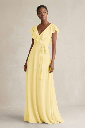 A-Line V-Neck Ruffled Sleeve Chiffon Bridesmaid Dress in Pastel Yellow - KissProm BRIDESMAID DRESSES
