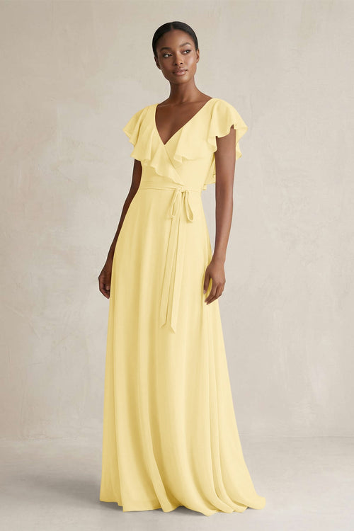 A-Line V-Neck Ruffled Sleeve Chiffon Bridesmaid Dress in Pastel Yellow - KissProm BRIDESMAID DRESSES