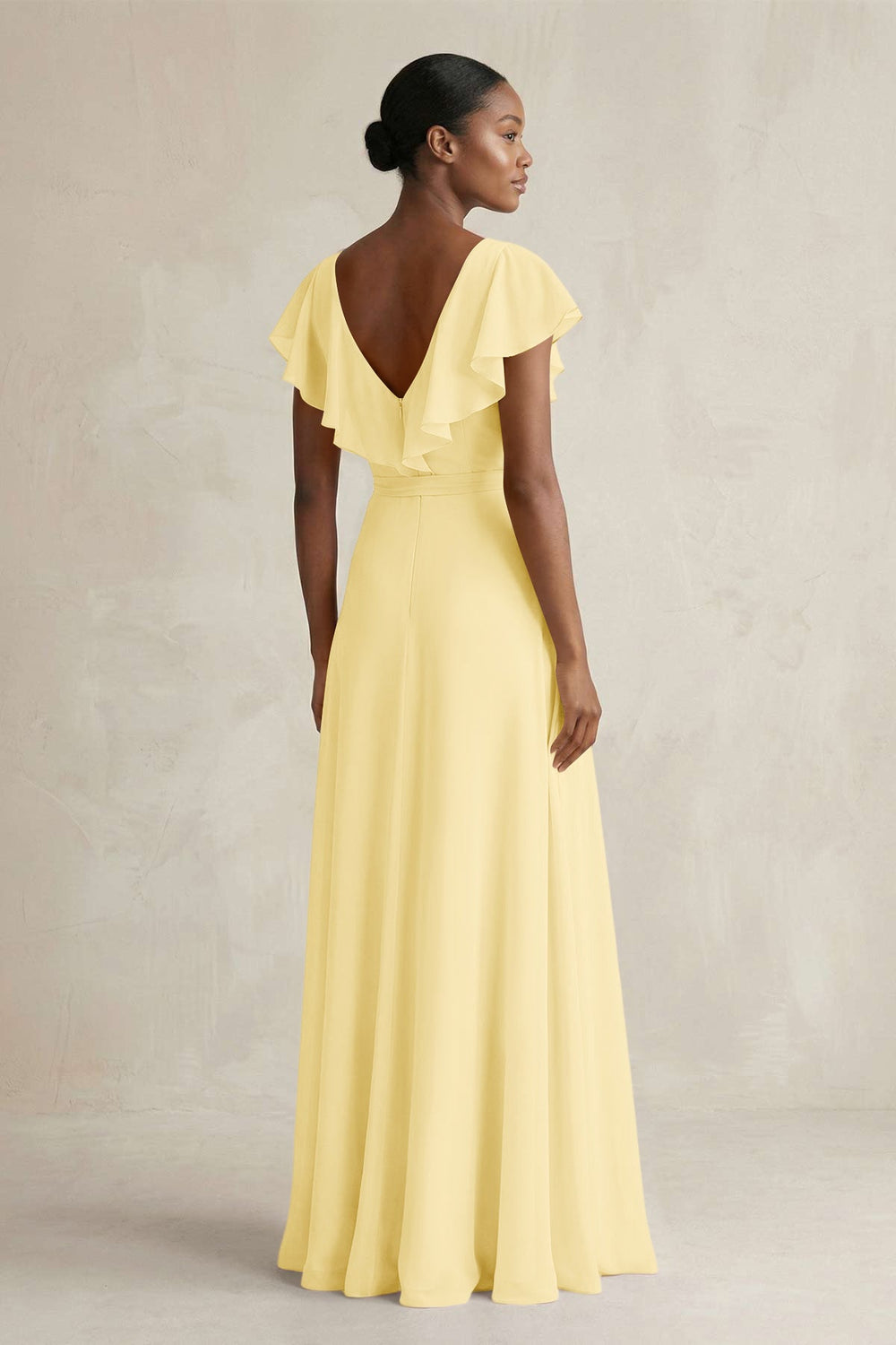 A-Line V-Neck Ruffled Sleeve Chiffon Bridesmaid Dress in Pastel Yellow - KissProm BRIDESMAID DRESSES
