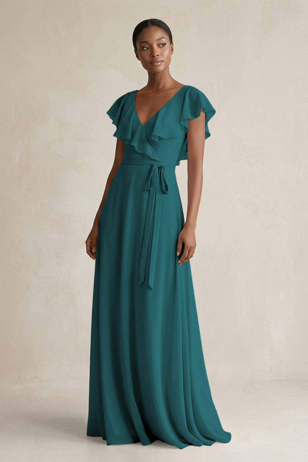 A-Line V-Neck Ruffled Sleeve Chiffon Bridesmaid Dress in Pine - KissProm BRIDESMAID DRESSES