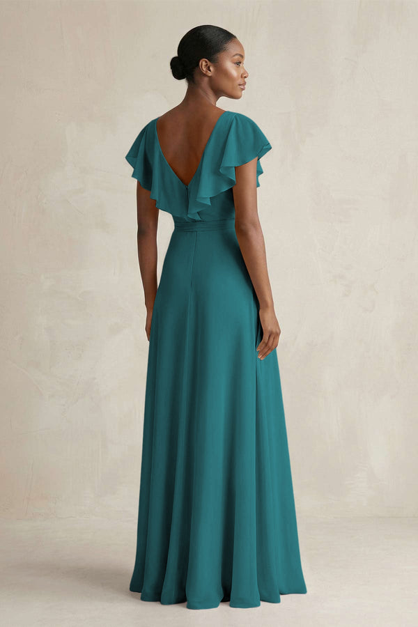 A-Line V-Neck Ruffled Sleeve Chiffon Bridesmaid Dress in Pine - KissProm BRIDESMAID DRESSES