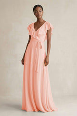 A-Line V-Neck Ruffled Sleeve Chiffon Bridesmaid Dress in Rose Petal - KissProm BRIDESMAID DRESSES