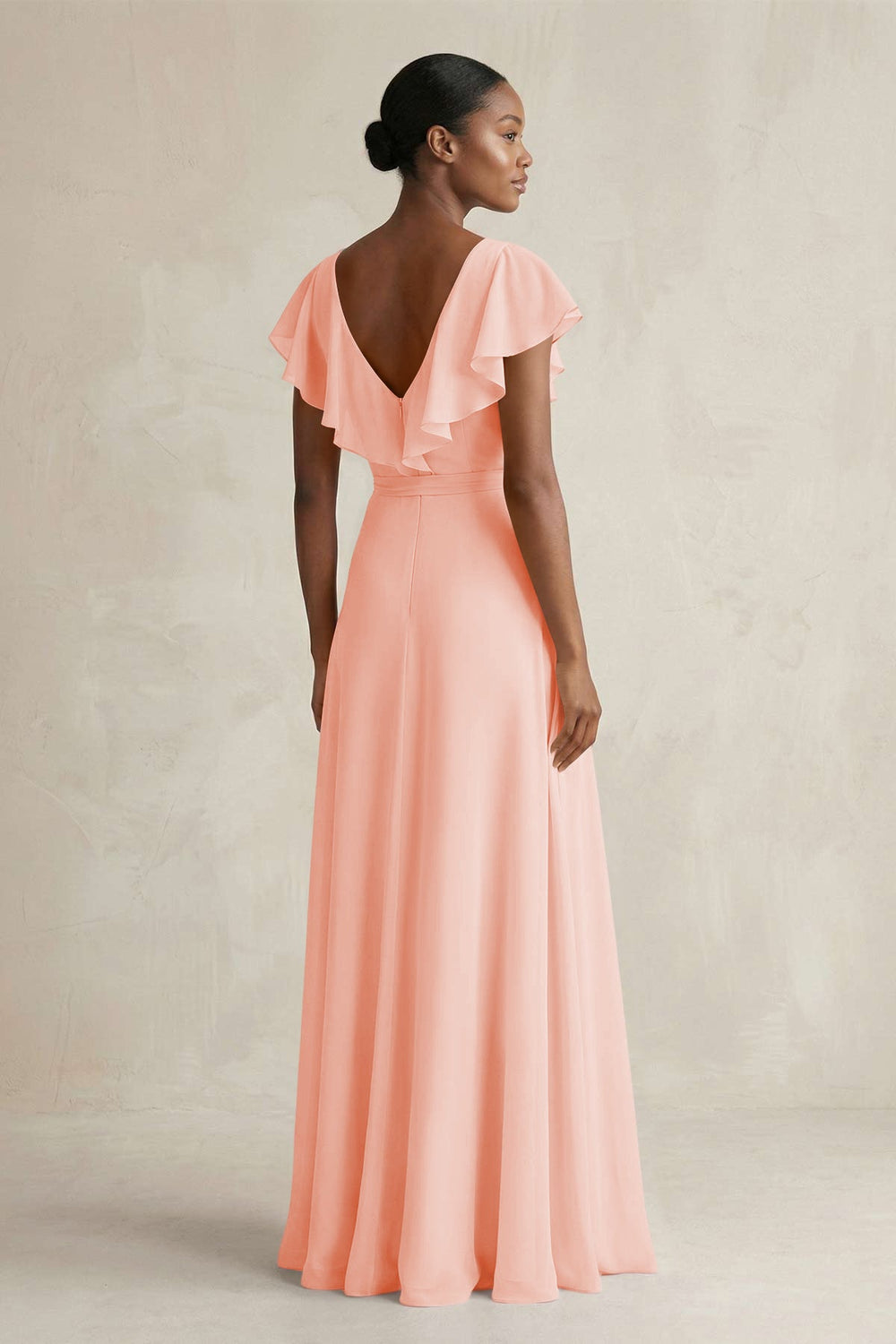 A-Line V-Neck Ruffled Sleeve Chiffon Bridesmaid Dress in Rose Petal - KissProm BRIDESMAID DRESSES