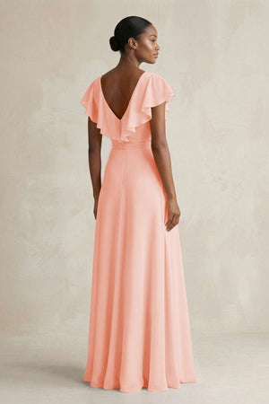 A-Line V-Neck Ruffled Sleeve Chiffon Bridesmaid Dress in Rose Petal - KissProm BRIDESMAID DRESSES