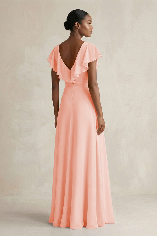 A-Line V-Neck Ruffled Sleeve Chiffon Bridesmaid Dress in Rose Petal - KissProm BRIDESMAID DRESSES