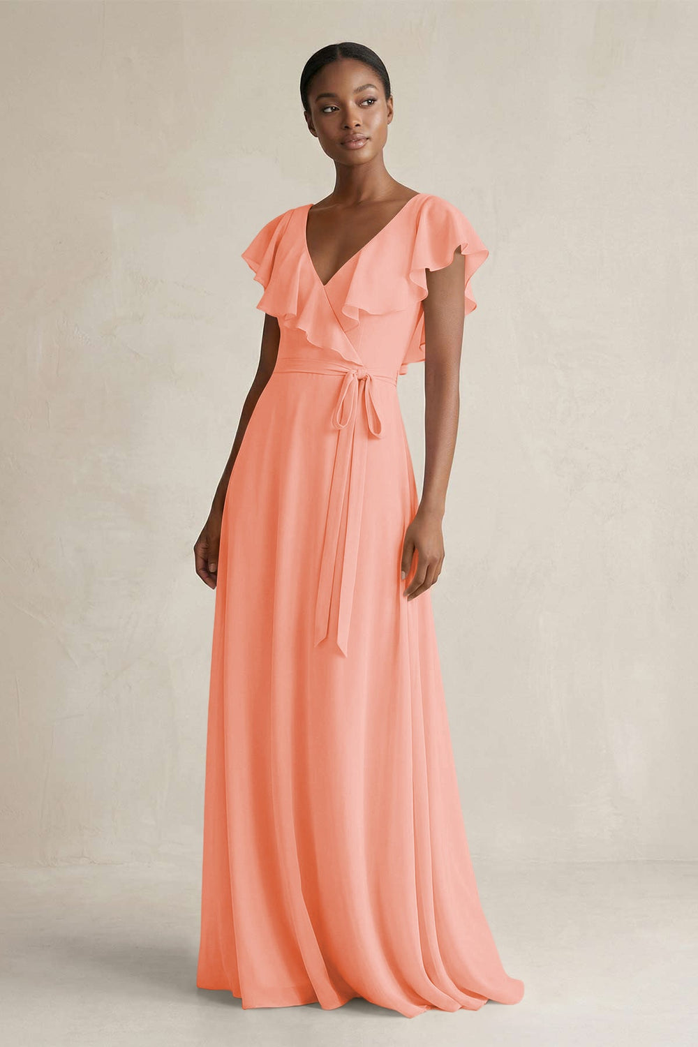 A-Line V-Neck Ruffled Sleeve Chiffon Bridesmaid Dress in Rosette - KissProm BRIDESMAID DRESSES