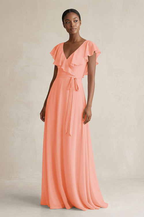 A-Line V-Neck Ruffled Sleeve Chiffon Bridesmaid Dress in Rosette - KissProm BRIDESMAID DRESSES