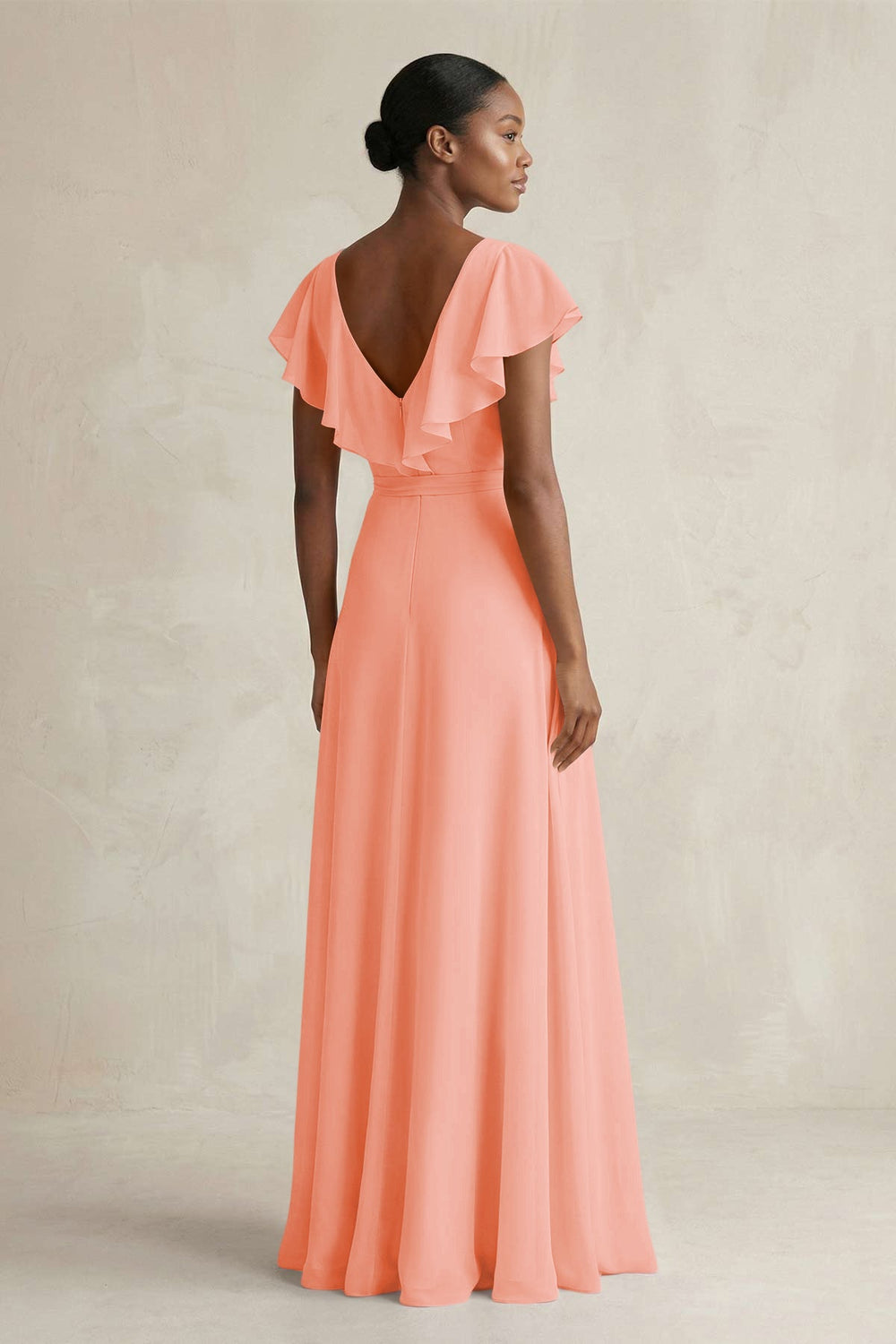 A-Line V-Neck Ruffled Sleeve Chiffon Bridesmaid Dress in Rosette - KissProm BRIDESMAID DRESSES