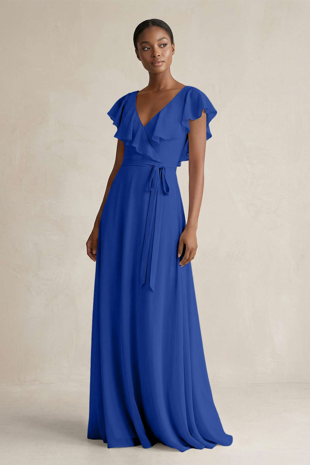 A-Line V-Neck Ruffled Sleeve Chiffon Bridesmaid Dress in Royal Blue - KissProm BRIDESMAID DRESSES