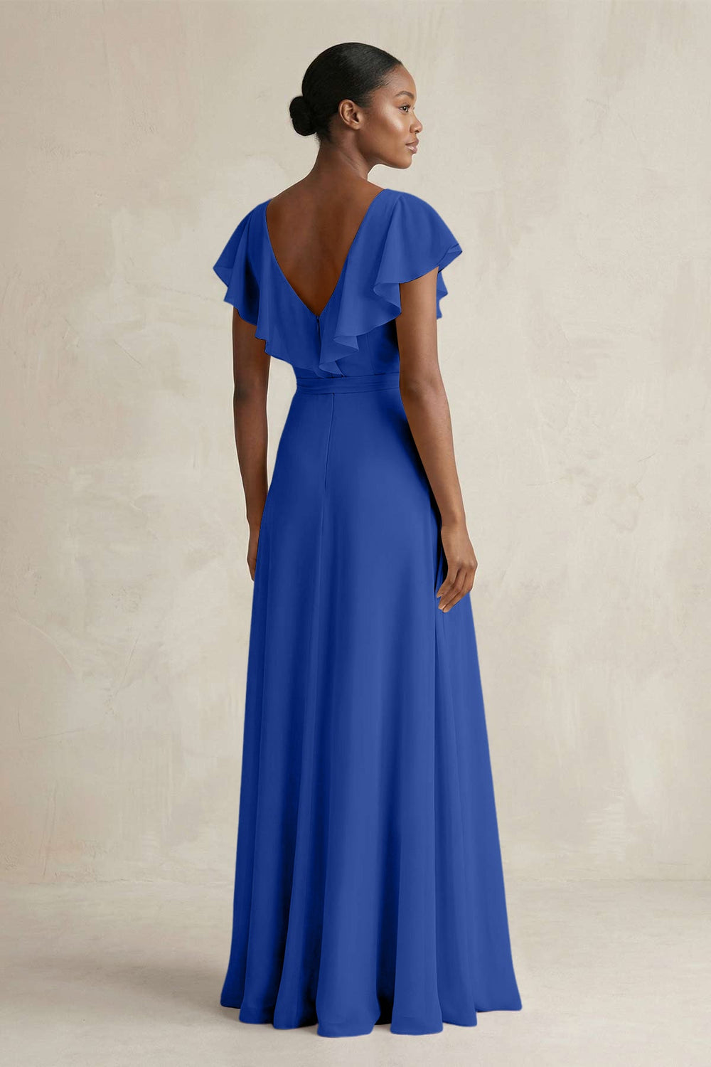 A-Line V-Neck Ruffled Sleeve Chiffon Bridesmaid Dress in Royal Blue - KissProm BRIDESMAID DRESSES