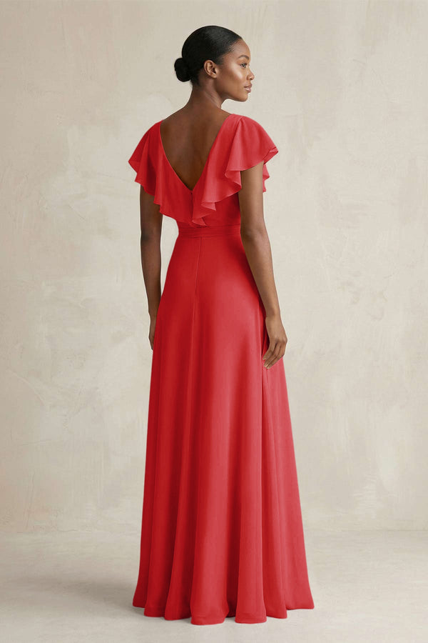 A-Line V-Neck Ruffled Sleeve Chiffon Bridesmaid Dress in Ruby Red - KissProm BRIDESMAID DRESSES