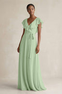 A-Line V-Neck Ruffled Sleeve Chiffon Bridesmaid Dress in Sage - KissProm BRIDESMAID DRESSES