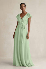 A-Line V-Neck Ruffled Sleeve Chiffon Bridesmaid Dress in Sage - KissProm BRIDESMAID DRESSES