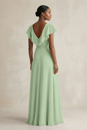 A-Line V-Neck Ruffled Sleeve Chiffon Bridesmaid Dress in Sage - KissProm BRIDESMAID DRESSES