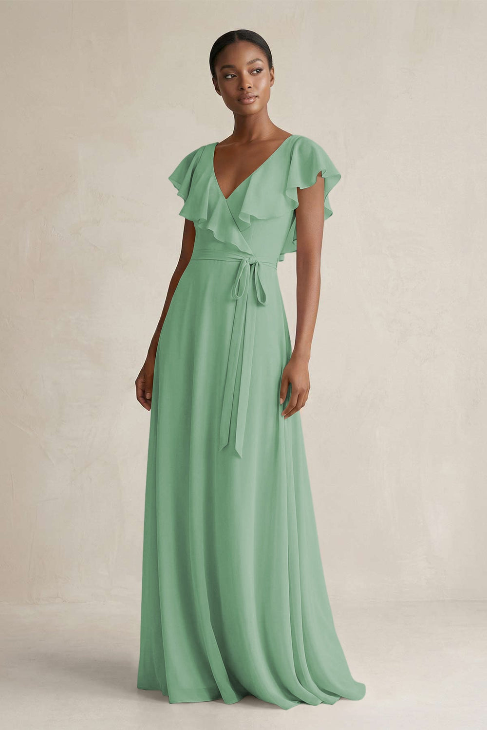 A-Line V-Neck Ruffled Sleeve Chiffon Bridesmaid Dress in Sea Glass - KissProm BRIDESMAID DRESSES