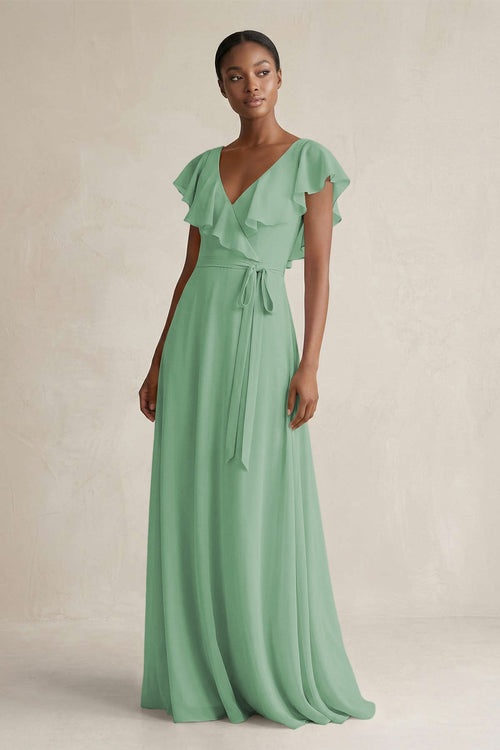 sea glass green bridesmaid dresses Off-the-Shoulder A-Line Chiffon Pleated Bridesmaid Dress in Sea Glass, Sea Glass / 12