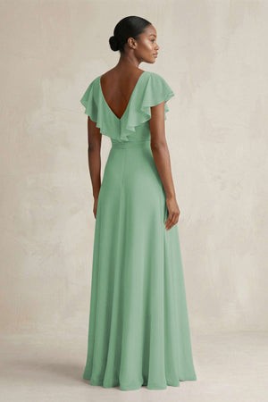 A-Line V-Neck Ruffled Sleeve Chiffon Bridesmaid Dress in Sea Glass - KissProm BRIDESMAID DRESSES