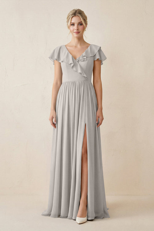 Cap Sleeve A-Line Ruffled Chiffon Bridesmaid Dress in Silver, Silver / 6
