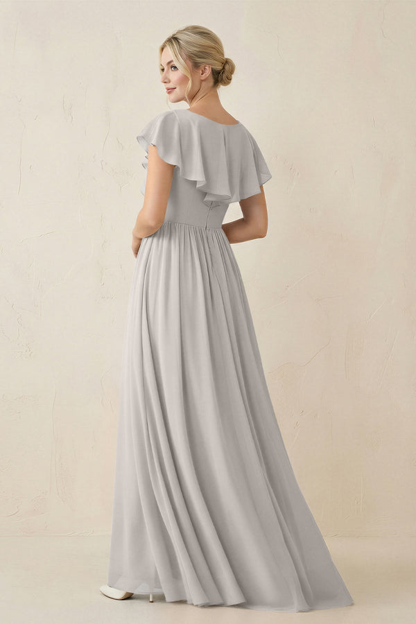 long dresses with cap sleeves Cap Sleeve A-Line Ruffled Chiffon Bridesmaid Dress in Silver, Silver / 6