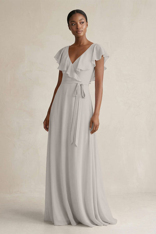 KissProm | V-Neck Ruffled Sleeve A-Line Chiffon Bridesmaid Dress in Silver KissProm | V-Neck Ruffled Sleeve A-Line Chiffon Bridesmaid Dress in Silver