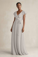 A-Line V-Neck Ruffled Sleeve Chiffon Bridesmaid Dress in Silver - KissProm BRIDESMAID DRESSES