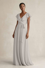 A-Line V-Neck Ruffled Sleeve Chiffon Bridesmaid Dress in Silver - KissProm BRIDESMAID DRESSES