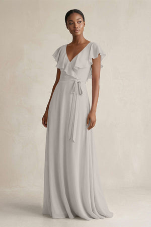 A-Line V-Neck Ruffled Sleeve Chiffon Bridesmaid Dress in Silver - KissProm BRIDESMAID DRESSES